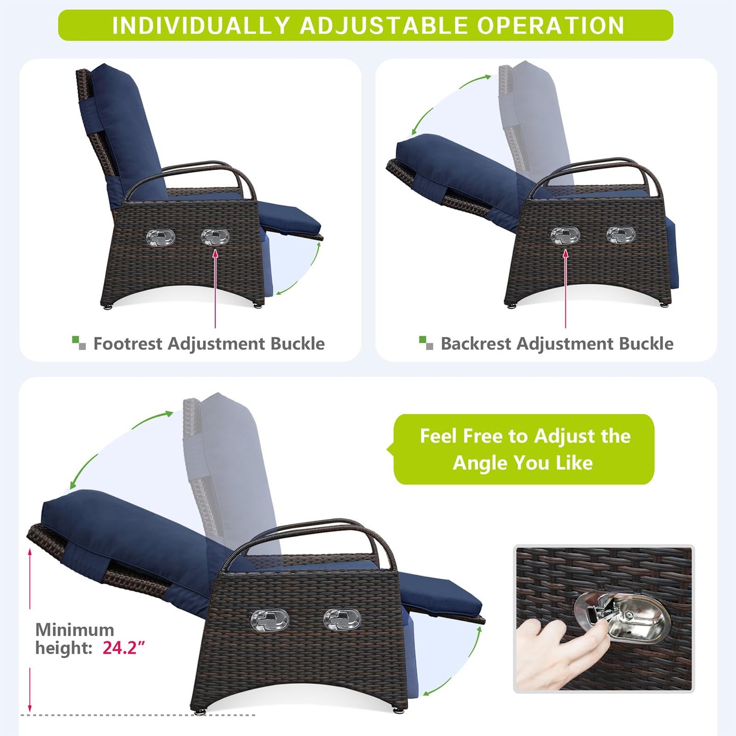 ATR ART TO REAL Outdoor Recliner Chairs, PE Wicker Reclining Lounge Chair with Removable Soft Cushion, Adjustable Outside Recliners for Patio, Porch, Poolside, Balcony, Lawn (Navy Blue, 1 PC)
