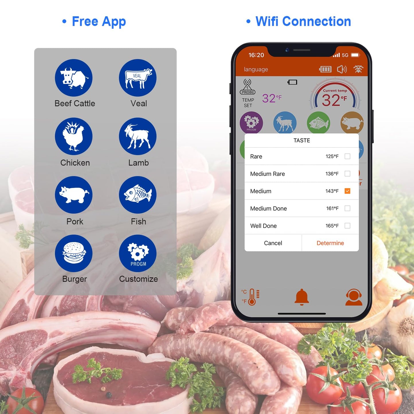 Wireless Meat Probe Thermometer with APP Control for BBQ Grill Smoker Oven