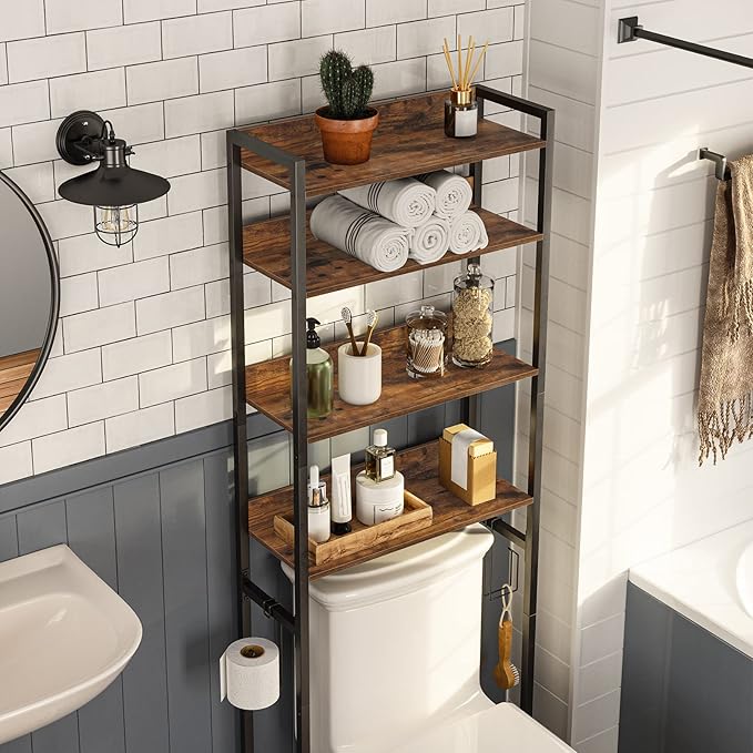 Over The Toilet Storage Rack, 4 Tier Bathroom Organizer Over Toilet, Freestanding Space Saver Toilet Stand with 2 Hooks, Bathroom Storage Shelf, Easy to Assemble, Rustic Brown TSHR0401Z