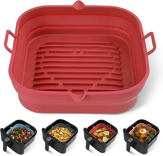 Loveuing Silicone Air Fryer Liners Square - Reusable Airfryer Collapsible Basket - Easy to Clean Air Fryers Pot for 5.8 to 8 Qt Baking Tray Oven Accessories, 8.5 Inch Large