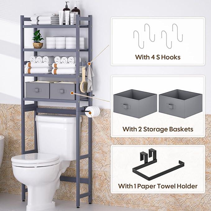Over The Toilet Storage with 2 Baskets, 4-Tier Bamboo Organizer Rack with Paper Holder & 4 Hooks & Waterproof Feet Pad,Freestanding Shelf for Bathroom(Grey)