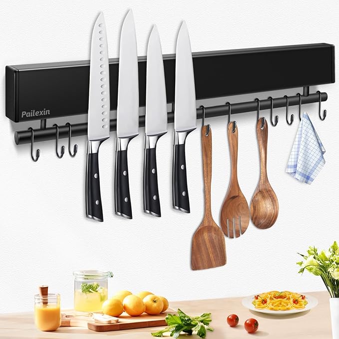 Pailexin 20 inch magnetic knife holder with 10 hooks, no drilling knife magnetic strip, and utensil hanger for wall. Powerful knife magnet rack includes tape and screw