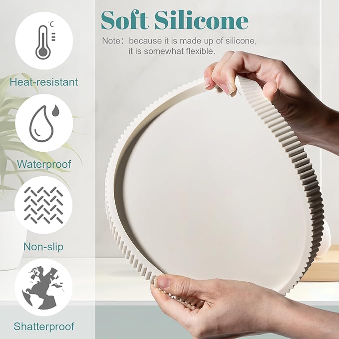 Silicone Bathroom Tray Round Kitchen Counter Organizer Decorative Vanity Accessories Coffee Table Decor for Perfume, Candle, Soap Dish, 9 Inch, Beige