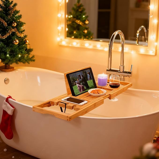 Utoplike Bamboo Bathtub Caddy Tray Bath Tray for Tub, Adjustable Bathroom Bathtub Organizer with Book Tablet Wine Glass Cup Towel Holder (24.5"-37.4")