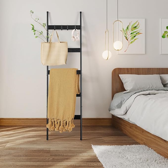 ELYKEN Blanket Ladder for Living Room, Farmhouse 5-Tier Quilt Holder with 4 Removable Hooks for Bathroom, Wood Towel Rack Display, Wall Anchor Leaning Decorative Stand for Home, Black