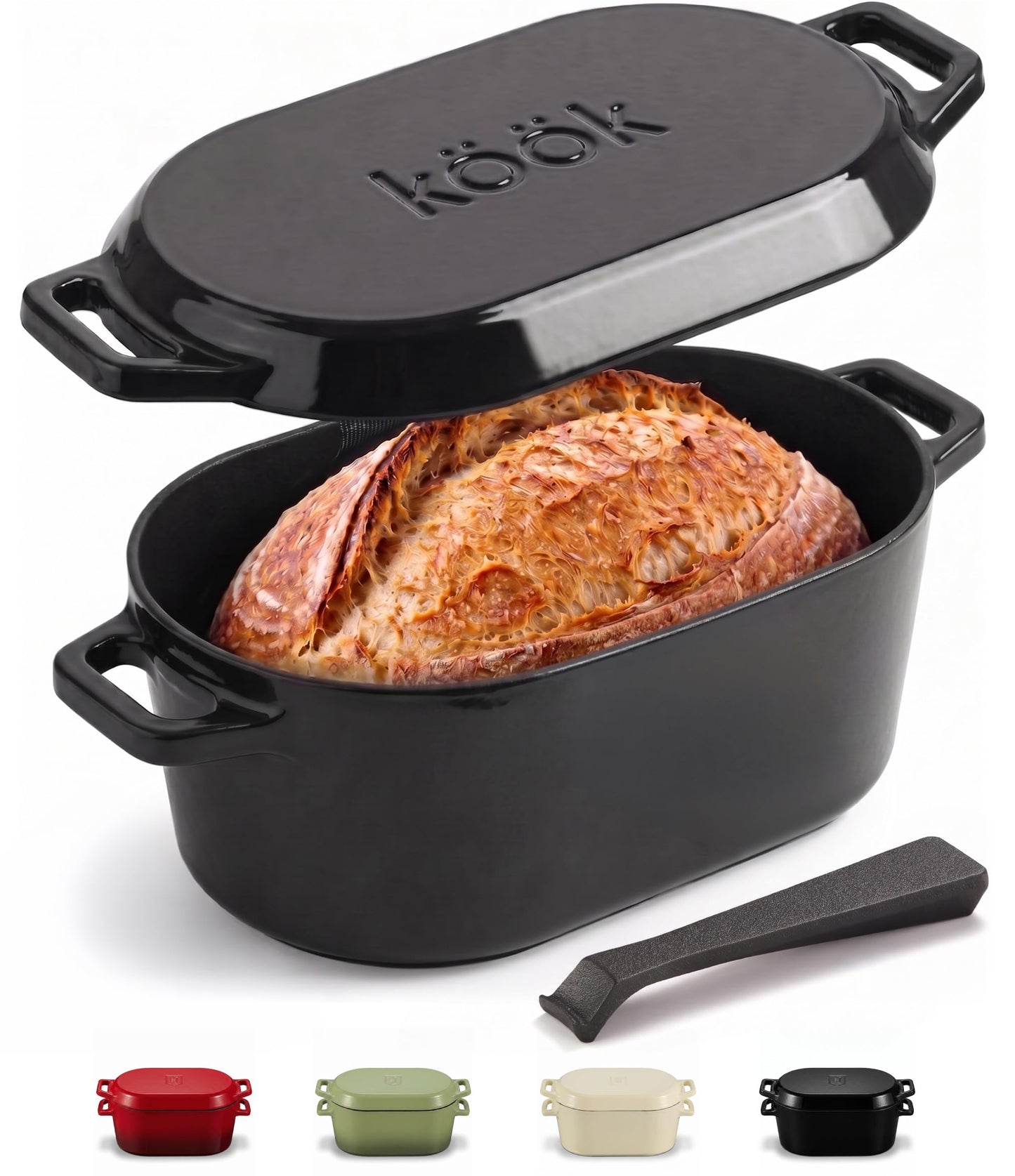 KooK Oval Dutch Oven, for Bread Baking, Sourdough Loaf Pan, Dual Handles, Enameled Cast Iron, with Sling, Dishwasher Safe, 3.4 Qt, Cherry Ombre