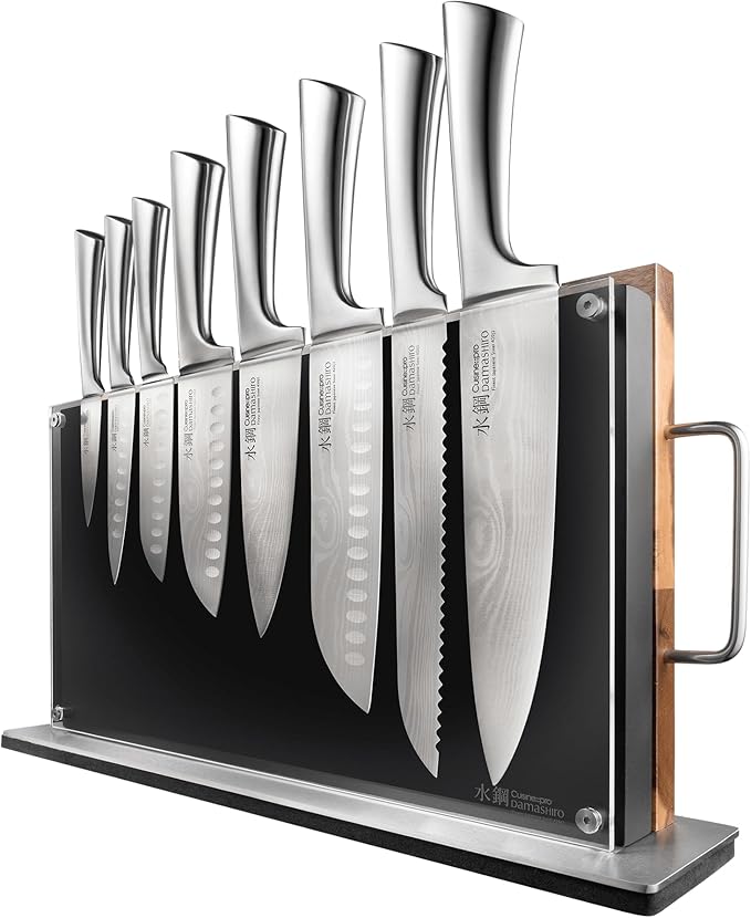 Cuisine::pro Damashiro Knife Block (Kumi, 7-Piece Chef Knife Set) - Japanese Steel Knife - Magnetic Knife Block- Damascus-Inspired Blade Kitchen Knives