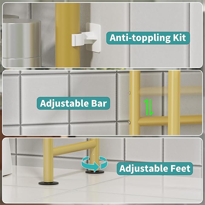 3-Tier Over The Toilet Storage with Paper Holder, Metal Bathroom Organizers and Storage for Small Space, Freestanding Bathroom Shelves with 4 Hooks, Above The Toilet Storage Shelf (Gold)