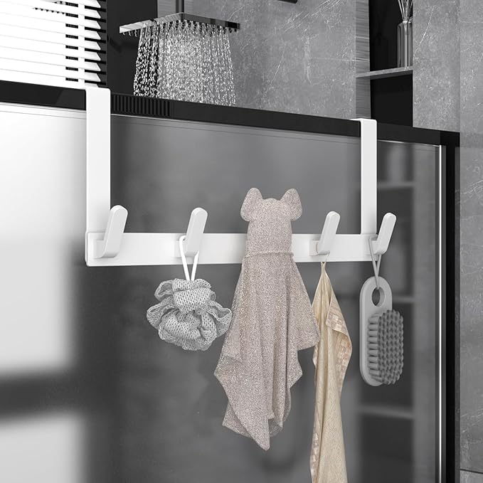 Over The Door Hooks Hanger with Extended Arms, Fits 1 3/8" Doors, L7U - Coat Rack, Bathroom Accessories and Towel Organizer Holder for Coat Robe Hat - 1 Pack, Glossy White