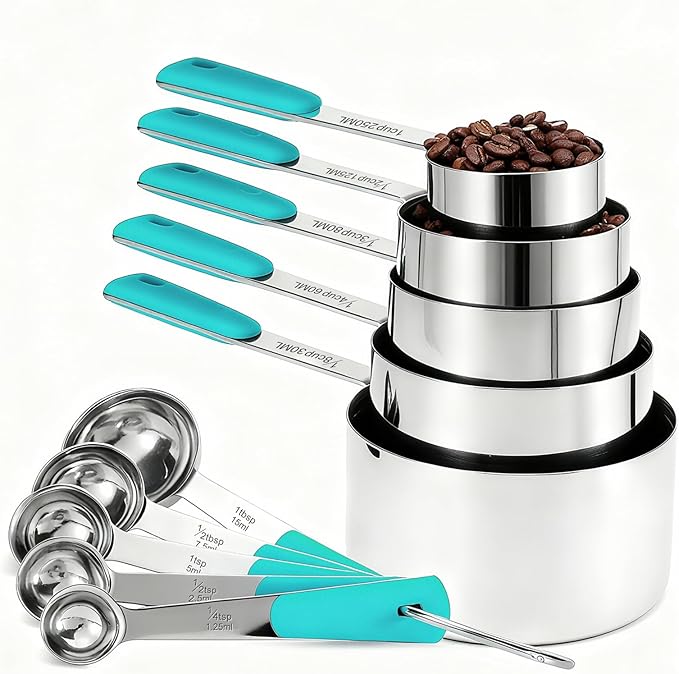 Bopei Measuring Cups and Spoons Set Stainless Steel 10 Piece for Cooking and Baking (5 Cups + 5 Spoons, Colorful Handles)