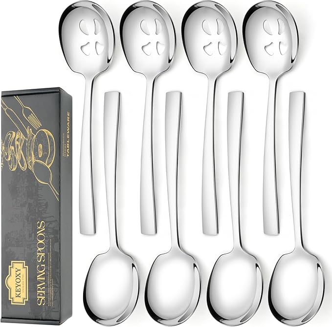 Keyoxy 8 Piece Stainless Steel Serving Spoons Set - 4 Large, 4 Slotted, 9.2-Inch, Dishwasher Safe, for Parties/Kitchen/Buffet/Catering