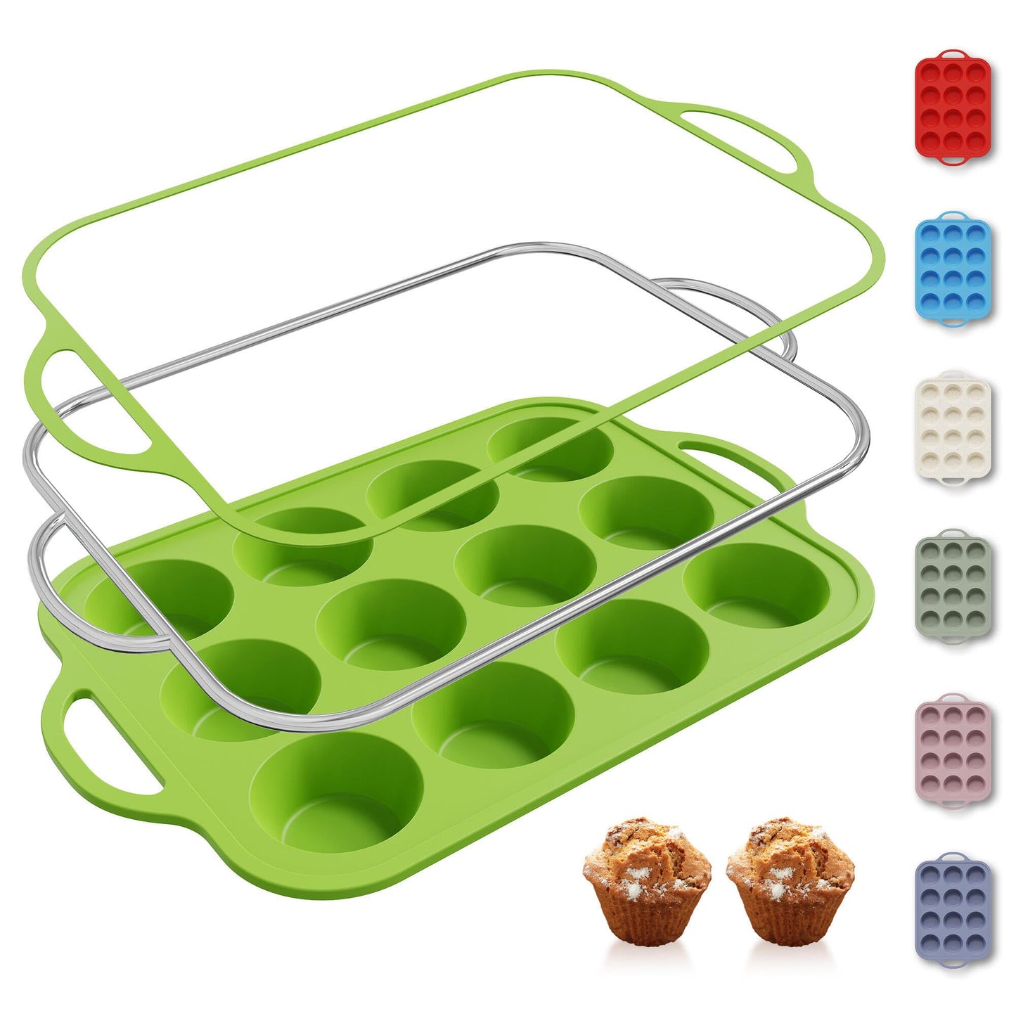 2 Packs 12 Cups Silicone Muffin Pan for Baking with Metal Reinforced Frame Regular Size Cupcake Pan Tray Chocolate Egg Pizza Bites Oven Top Cookie Molds Muffin Tin Tart Pans Sheet Set Bakeware Liner