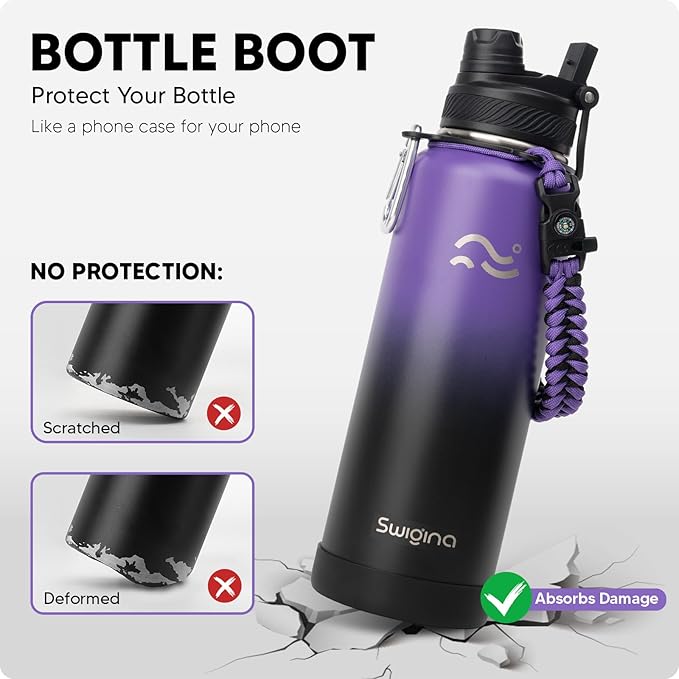[2-IN-1 LID] Insulated Water Bottle with Silicone Boot (36hrs Cold/18hrs Hot) - DIY Stickers, Leakproof, BPA Free, 40 oz