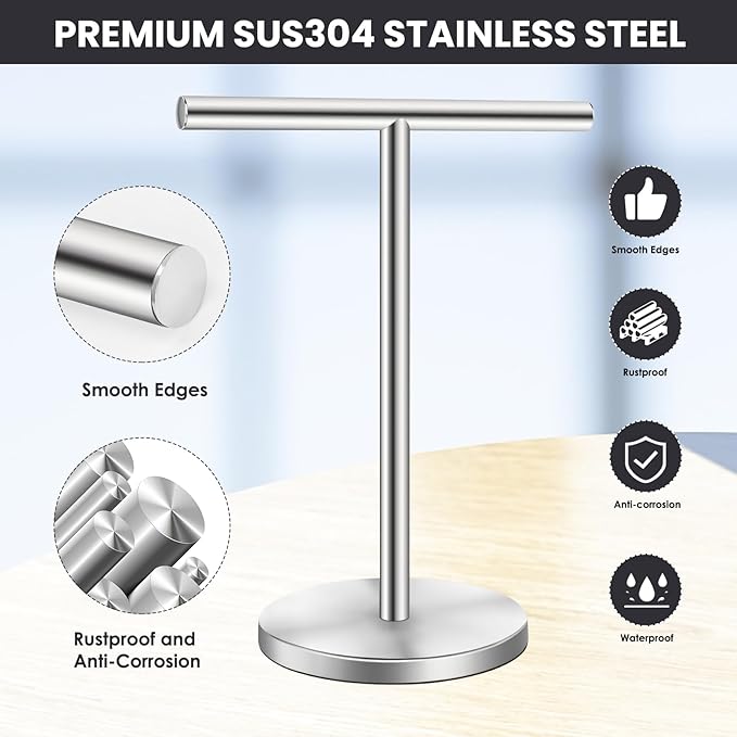 T-Shape Bath Hand Towel Holder Stand, Stainless Steel Free Standing Hand Towel Rack with Heavy Base, for Bathroom Kitchen & Countertop, Silver