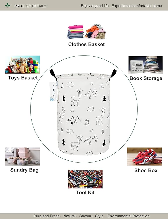 Round Fabric Storage Bin,Decorative Basket,Organizer Basket with Handles,for Clothes Storage,books and sundries(Forest deer), 19.7inch(H) x 15.7inch(D)