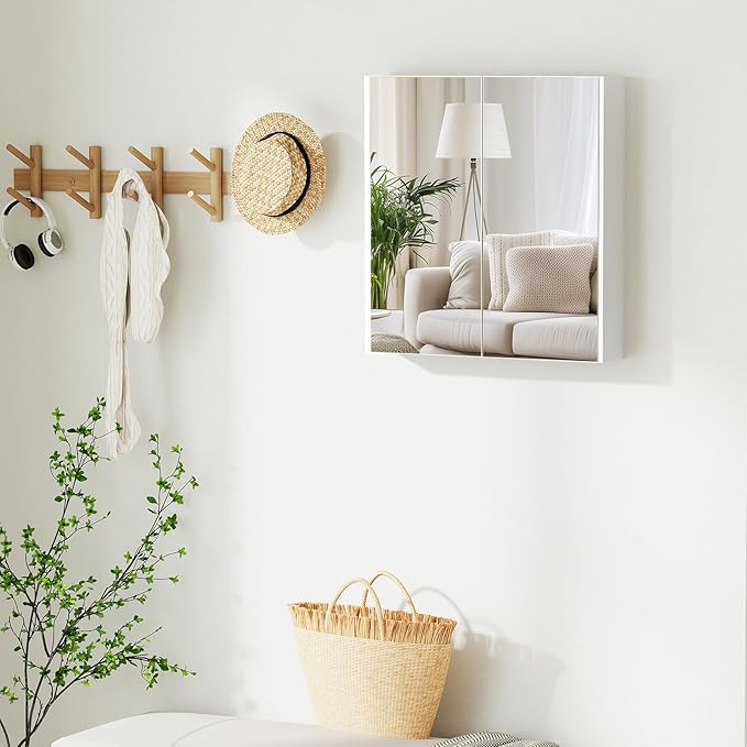 Tangkula Mirrored Medicine Cabinet, Bathroom Wall Hanging Cabinet with Double Mirrored Doors & Adjustable Shelf, Wall-Mounted Bathroom Storage Organizer, White, 24.5 x 4.5 x 25.5 Inches