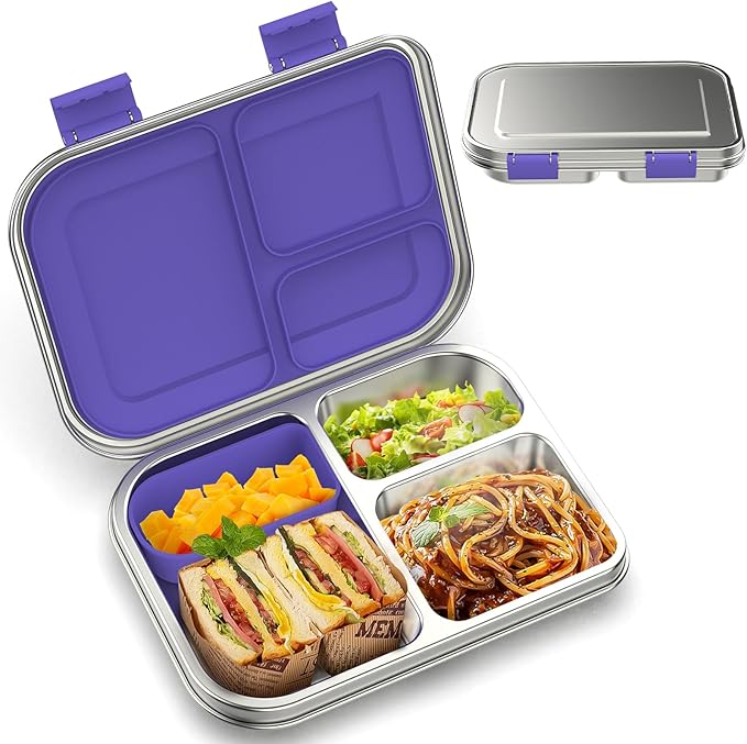 BOSEDSANG Stainless Steel Kids Leak-Resistant Bento Lunch Box, 3-Compartments with Silicone Container, Dishwasher-Safe, Child-Friendly Design for School, Picnics & Travel,BPA-Free (Blue)