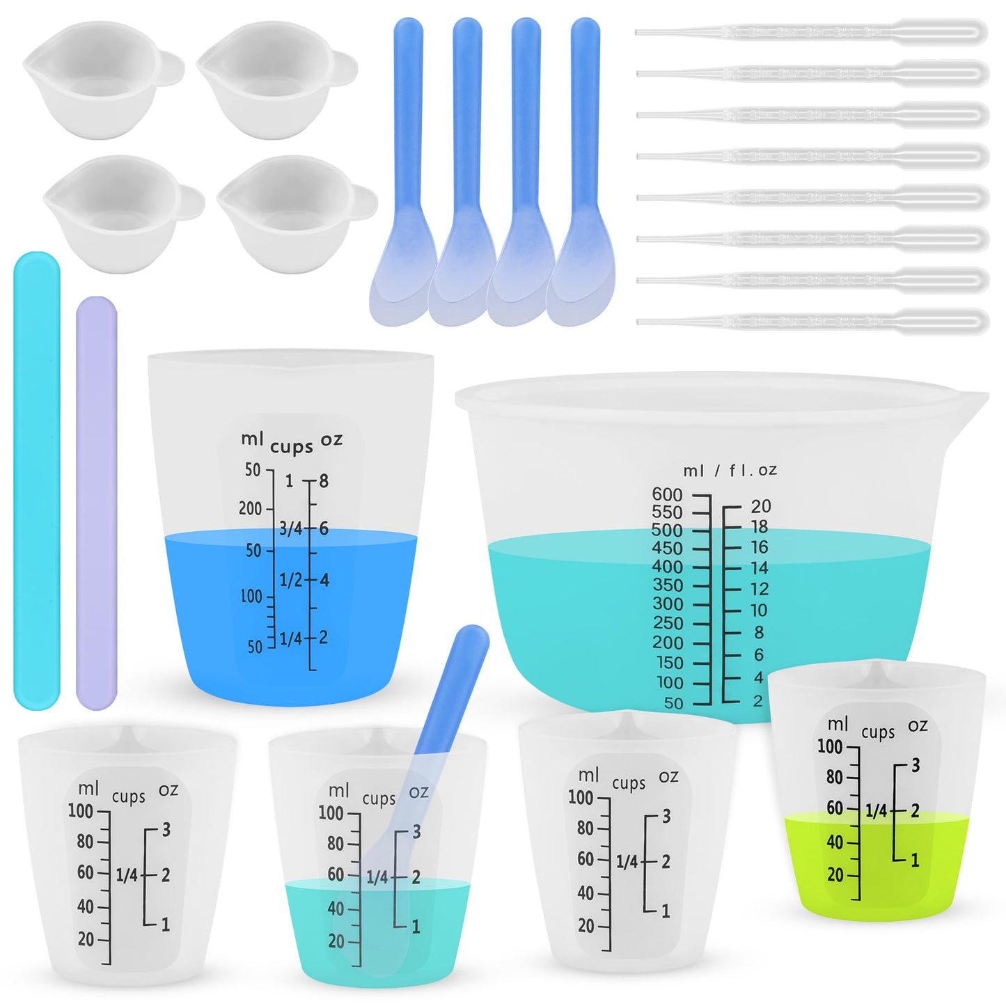 SWIGRANCE Silicone Resin Mixing Measuring Cups for Resin Supplies, 600ml/20oz Bowl, 250 & 100ml Thickened Reusable Silicone Cups for Epoxy Mixing, with Stir Sticks and Pipettes, Jewelry Making