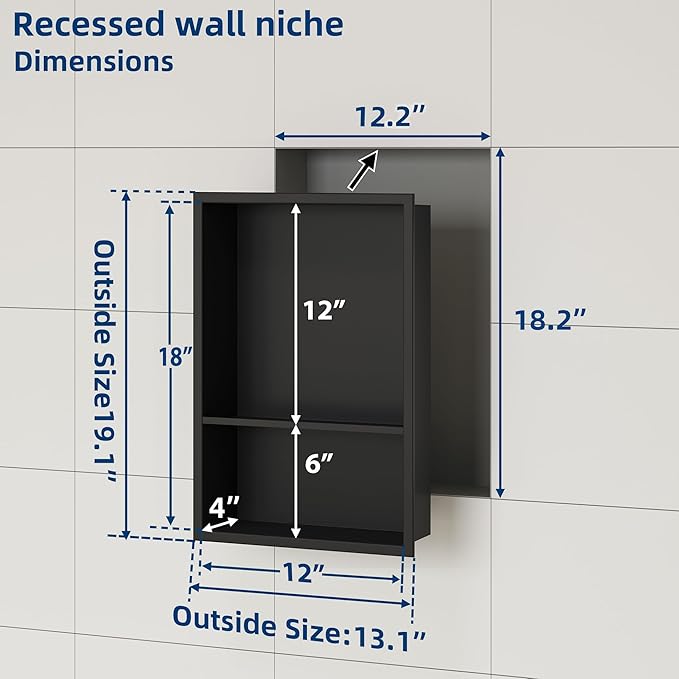 Neodrain 12X18 Inch Matte Black Double Shelf Stainless Steel Shower Niche, No Tile Needed Bathroom Organizer, Two Layer Recessed Built-in Wall Niche