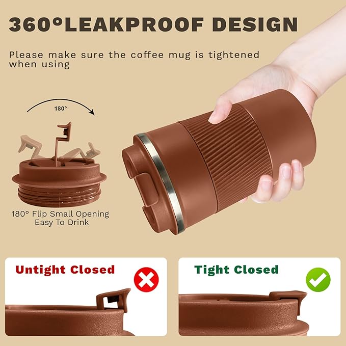 Vacuum-Insulated Stainless Steel Travel Coffee Mug, Leak-Proof Reusable Coffee Cup with Lid -Keep Hot & Cold Drinks for Hours, Durable Insulated Tumbler for Men & Women(3rd-Light Coffee, 17OZ)