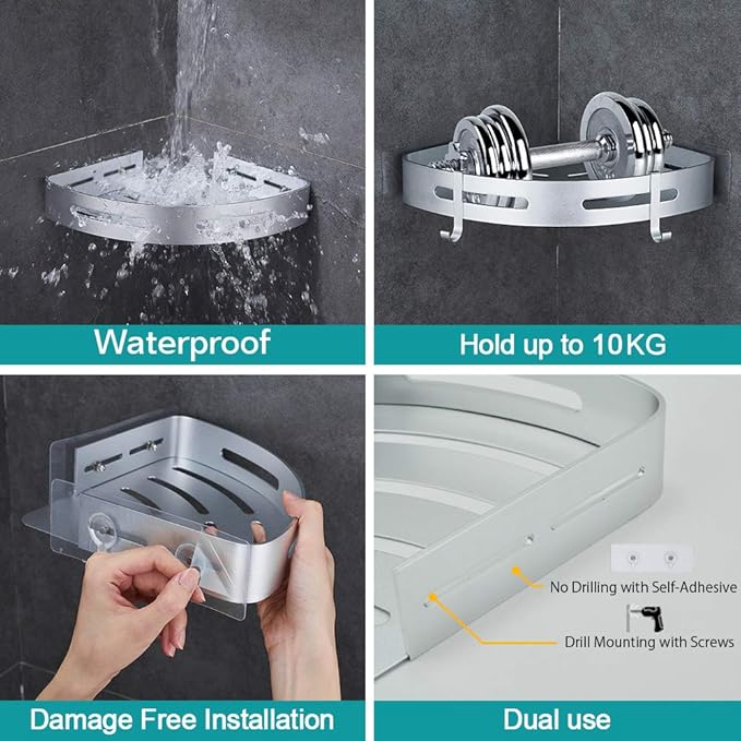 Hoomtaook Corner Caddy Bathroom Shower Shelf Wall Mounted No Drilling 2 Tier Storage Shelves Adhesive Triangle Baskets Silver Bathroom Kitchen Storage Basket
