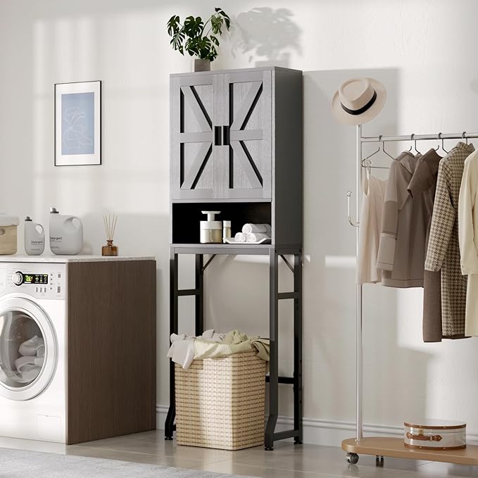 USHOWER Over The Toilet Storage Cabinet, Bathroom Organizers and Storage with Barn Doors, Thicken Metal Stand & MDF Wood Above Toilet Storage Cabinet, Freestanding Space Saver, Black