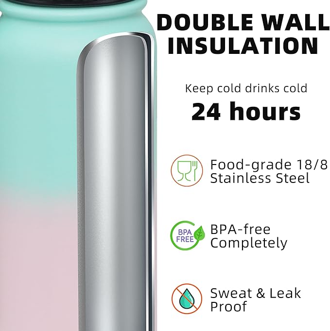 Fanhaw 24 oz Insulated Stainless Steel Water Bottle with Anti-Dust Chug Lid, Leakproof Vacuum Metal Bottle for Kids, Women & Men (Green Pink)