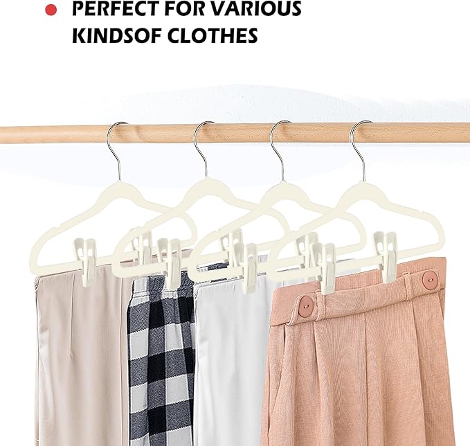 Tinfol Ivory Velvet Hanger Clips, 50pc Pants Velvet Clips, Large Opening Clip Clothes Pin, Strong Finger Flocked Clip Perfect for Slim-line Clothes Hangers