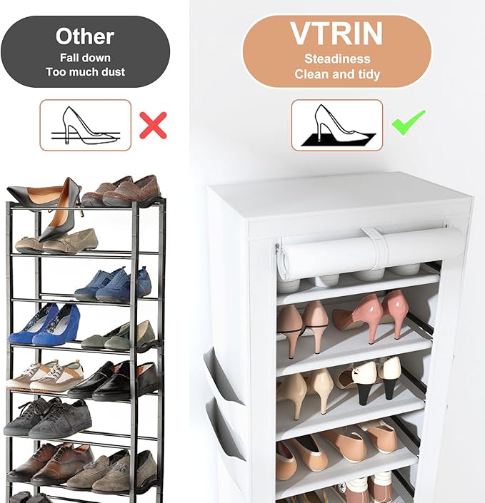 VTRIN Vertical Narrow Shoe Rack Organizer Tall Shoe Rack for Closet Entryway 10 Tier Non-Woven Cover Shoe Shelf Holds 20-22 Pairs Free Standing Shoe Storage Cabinet with Dustproof Cover, White