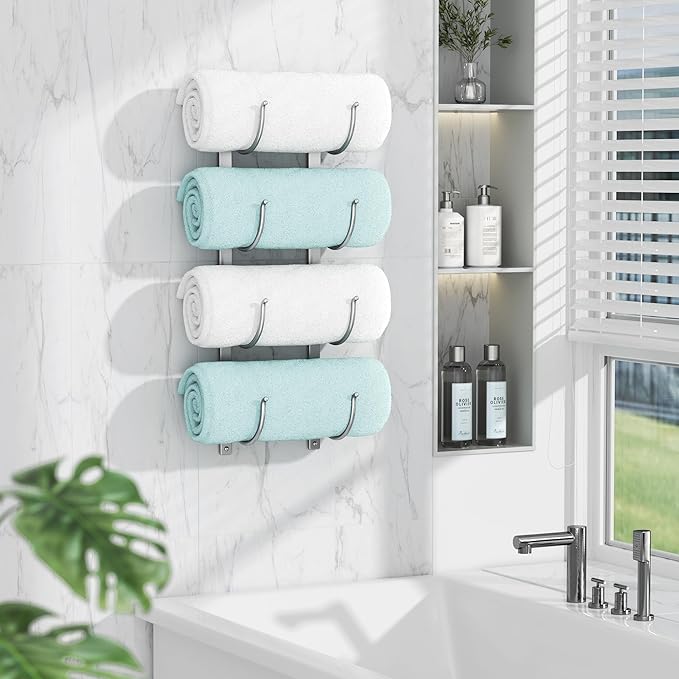 Rolled Towel Rack for Bathroom– 4-Tier Rolled Towel Storage Holder,Metal Organizer for Towels & Large Bath Sheets, Space Saving Rack for Small Bathroom, RV, Camper, Closet, Silver Metal
