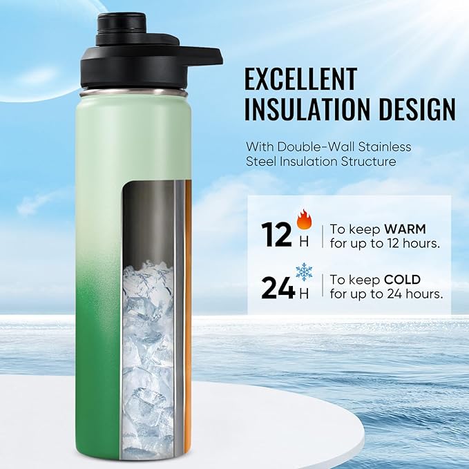 24 oz Insulated Water Bottle with Handle, 308 Stainless Steel Water Bottles with Wide Mouth, Double Wall Vacuum Sports Water Bottle, BPA Free, Keep Cold and Hot, Jungle Fade