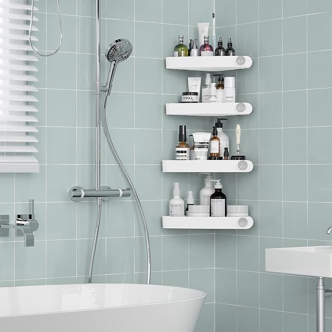 Sotfamily Plastic Shower Caddy Corner (For 90° Only), 4 Pack Adhesive Corner Shower Shelves for Bathroom Organizers and Storage, White