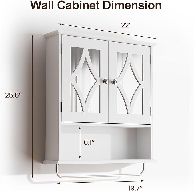 RoyalCraft Bathroom Wall Cabinet with Mirror, Over The Toilet Storage Cabinet with Towel Rack and Adjustable Shelf, Large Bathroom Medicine Cabinet Wall Mount 22x25 inch (White)