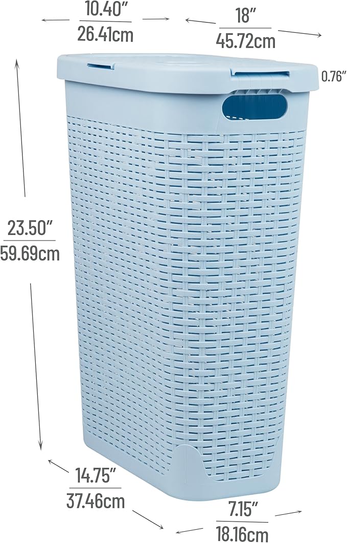 Mind Reader Slim Laundry Hamper with Lid, 40L Clothes Basket, Premium Wicker Design, Plastic, Baby Blue