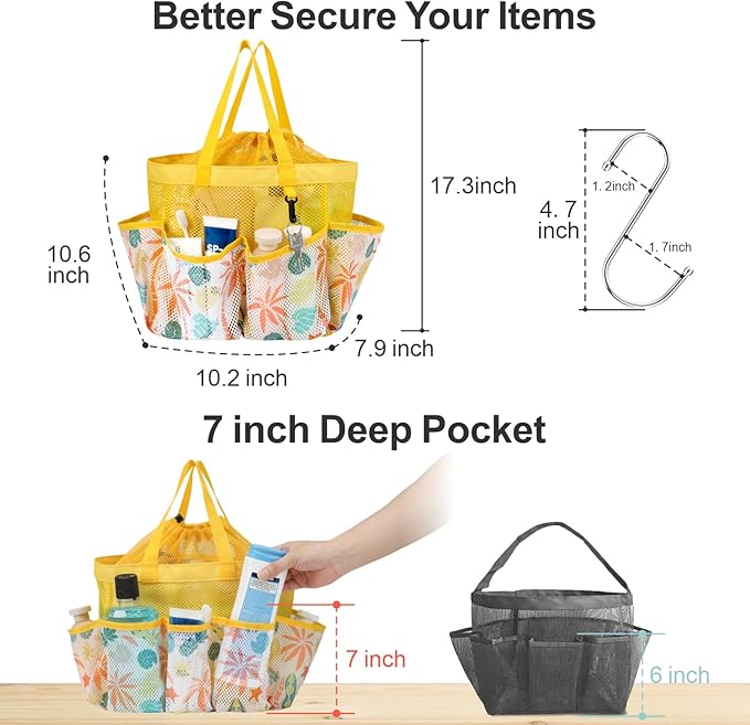 F-color Mesh Shower Caddy Portable with Drawstring - Large 8 Pockets Dorm Room Essentials for Guys Girls with S Hook, Shower Bag Basket Tote for College Camping Gym Travel Bathroom, Yellow Beach