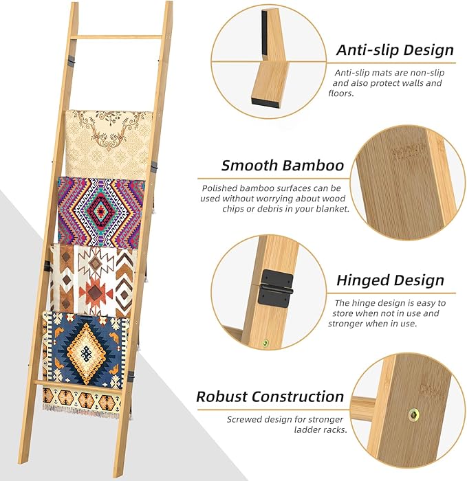BAMBANG 6-Tier Blanket Ladder for Living Room, Blanket Quilt Ladder Rack Rustic Decorative Towel Holder, Wall Leaning Blanket Ladder Shelf Storage Farmhouse Decor for Bedroom Bathroom, Natural