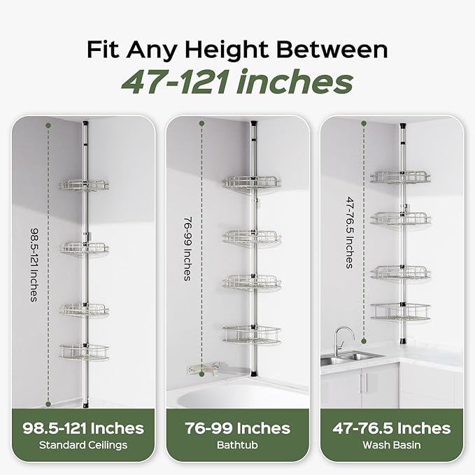 HAMITOR Shower Caddy Tension Pole: 4-Tier Rustproof Bathroom Corner Shelf Organizer for Renter - No Drill Large Shampoo Storage Rack - Adjustable 47-121" - Space Saving Bathtub Accessory - Silver Gray
