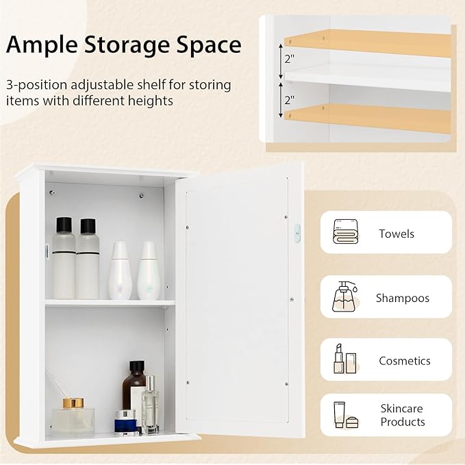 Tangkula Bathroom Medicine Cabinet with Mirror, Wall Mounted Single Mirror Door Storage Cabinet w/Adjustable Shelf, Wall Cabinet w/Reversible Door for Bathroom Living Room Hallway (White)