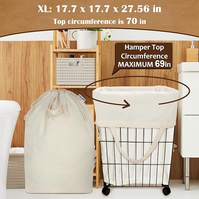 Canvas Laundry Bags with Handles & Square Base18"Lx18"Wx27.6"H, Extra Large Heavy Duty Laundry Basket Hamper Liner, Washable Drawstring Dirty Clothes Bag Canvas Storage Sack (Beige XL,1 Pack)