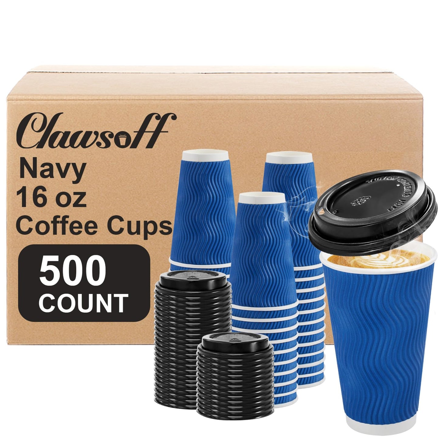 Clawsoff 100 Pack 16 oz Coffee Cups with Lids Disposable Insulated Cup Navy