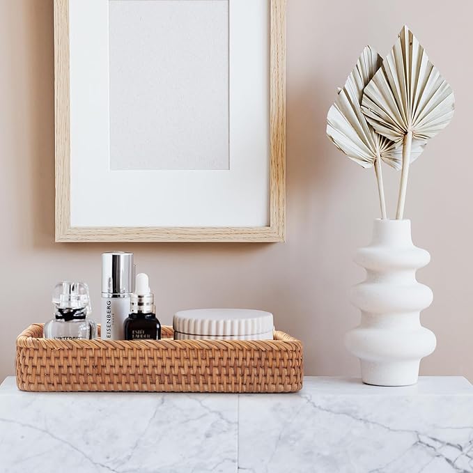 Rattan Bathroom Vanity Tray, Toilet Tank Tray, Toilet Basket Tank Topper, Bathroom Basket for Organizing and Decor (Natural, 10.2" x 4.9" x 1.6")