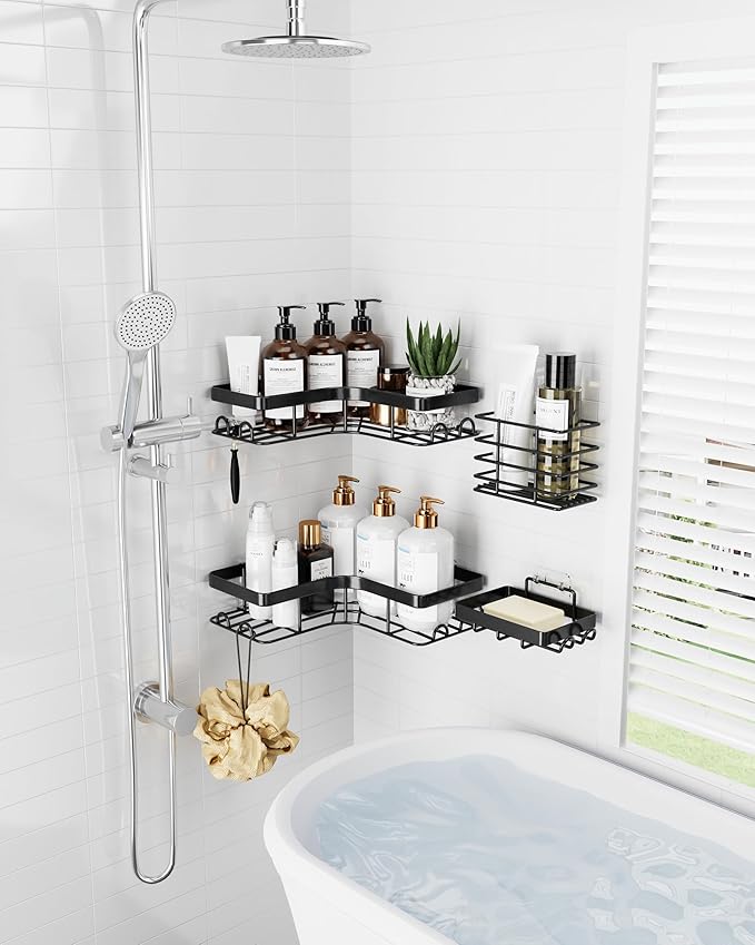 Corner Shower Caddy - 4-Pack Shower Organizer with Soap Holder & Toothbrush Holder, Rustproof Metal Shower Shelves, Laundry, Kitchen, Bathroom Organizers and Storage Solution, Large, Black