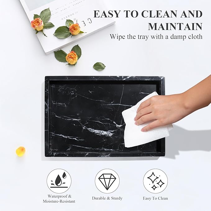 Real Natural Marble Tray for Bathroom, Genuine Marble Stone Vanity Tray, Luxury Storage Trays for Kitchen, Vanity, Home Decor, Dresser, Non-Resin/Non-Ceramic, 12"x 8"x 1.2", Black