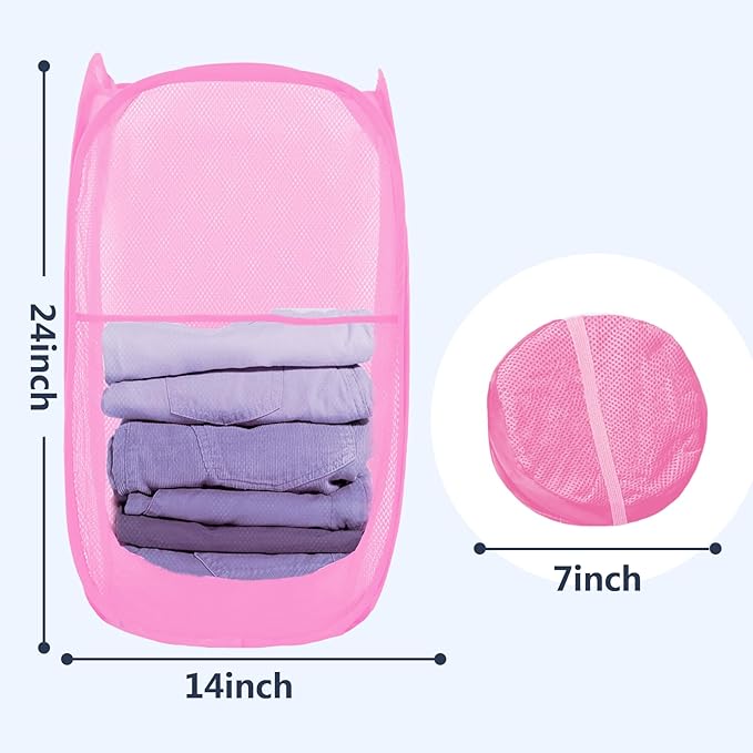 Pop Up Laundry Hamper, Mesh Laundry Basket Collapsible, Foldable Hamper for Travel and Storage (Pink)