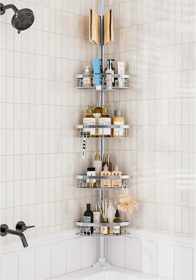 Rustproof Shower Corner Caddy Shelf for Bathroom Tension Pole Organizer with 4 Baskets for Bathtub Shampoo Storage from 23.6 to 114.5 Inch with Towel Bar (Silver)