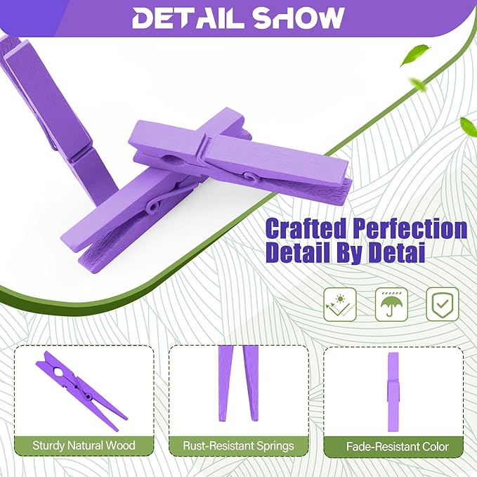 Colored Clothes Pins Wooden 100 Pack, Purple Clothespins Wood, Clothes Clips for Craft Shower Classroom, 2.9 Inch