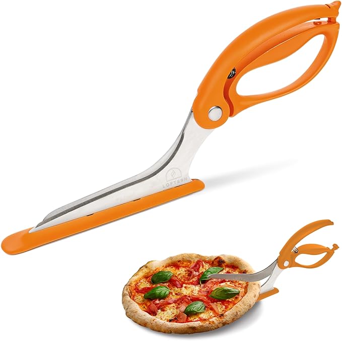 Loftern Pizza Scissors - Non-Stick Pizza Scissors with Firm Grip Base - Food Grade Stainless Steel Pizza Cutter - 5-in-1 Food Slicer & Pizza Server - Durable, Safe & Mess Free