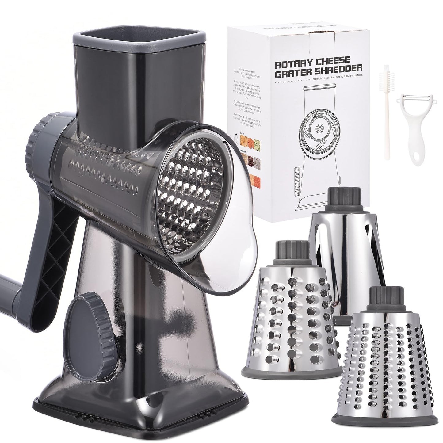 Rotary Cheese Grater with Handle Kitchen Shredder Slicer Grater Slicer Ice Shaver Cheese Vegetable Nuts Potato Zucchini Chocolate 3 Interchangeable Blades (Grey TSP)