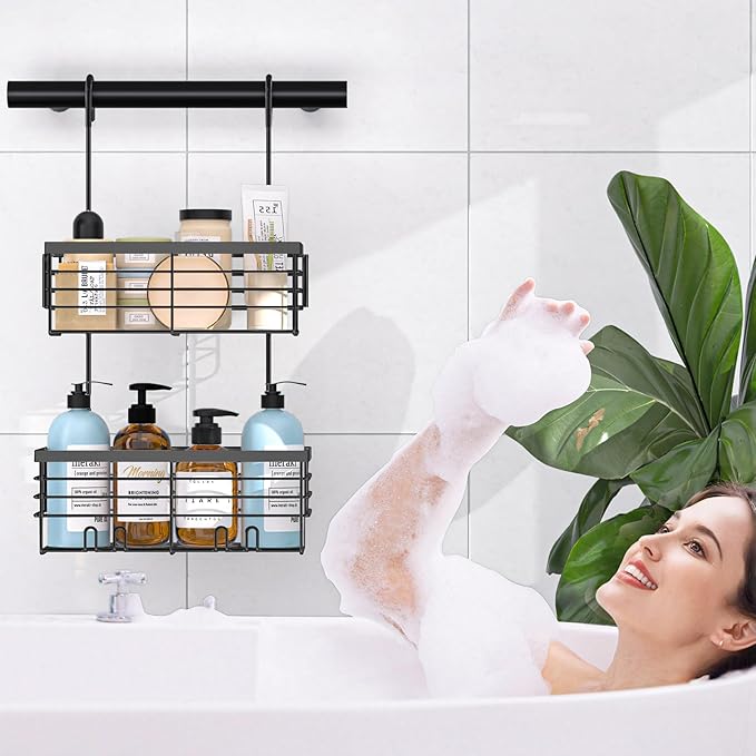 YUOROS Hanging Shower Caddy, 2 Tier Over the Door Shower Organizer Rack Organizer Stainless Steel Rustproof (Black)