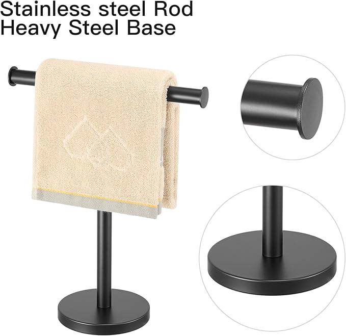 T-Shape Bath Hand Towel Holder Standing, SUS304 Stainless Steel Matte Black T-Shape Towel Bar Rack Stand with Heavy Base, Tower Bar for Bathroom Kitchen & Countertop